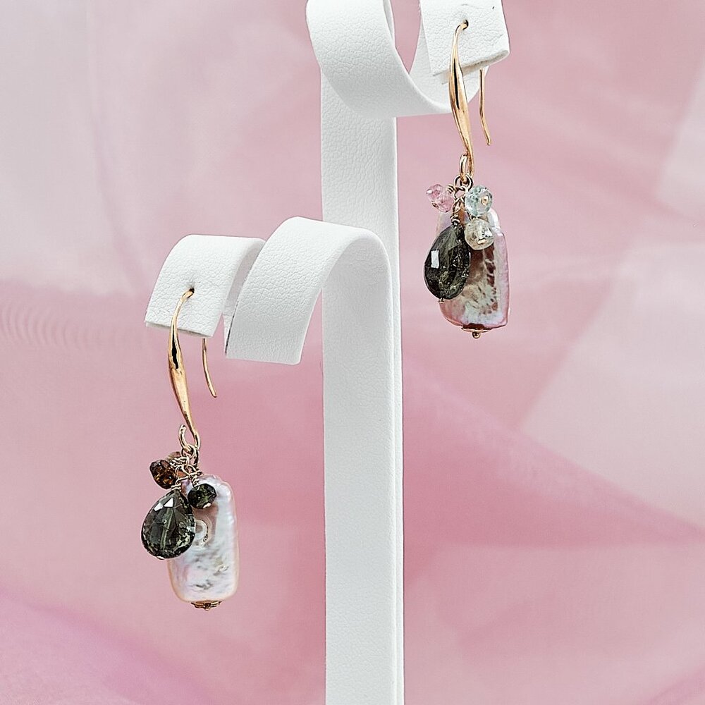 Baroque Pearl & Tourmaline Cluster Earrings, 14K Gold Filled Dainty